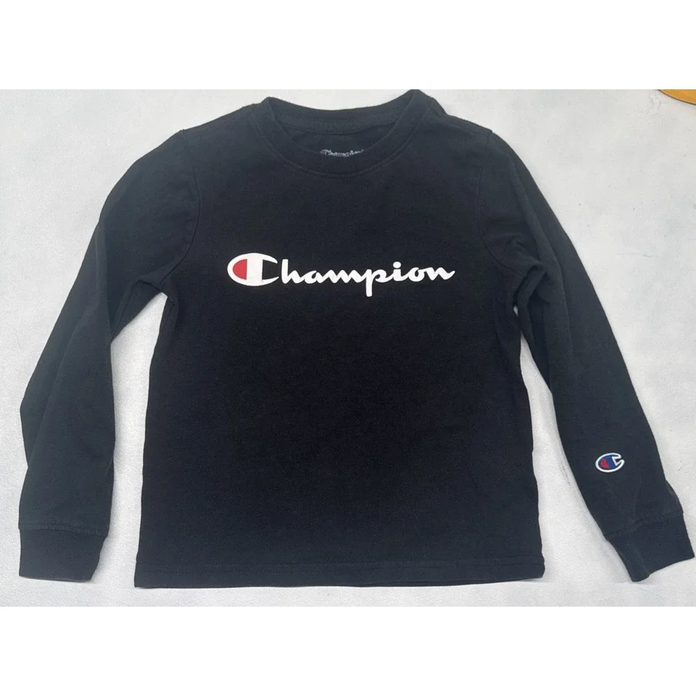 Champion Boys Long Sleeve Logo T-Shirt Black Size 6 Classic Athletic Cotton